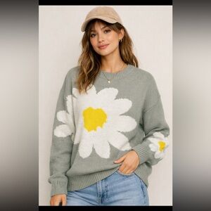 PacSun Daisy Flower Sweater Medium Gray White Floral Graphic Cottagecore